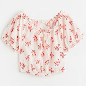 H&M Linen Blend Blouse Cropped White and Red Floral Size XLarge
